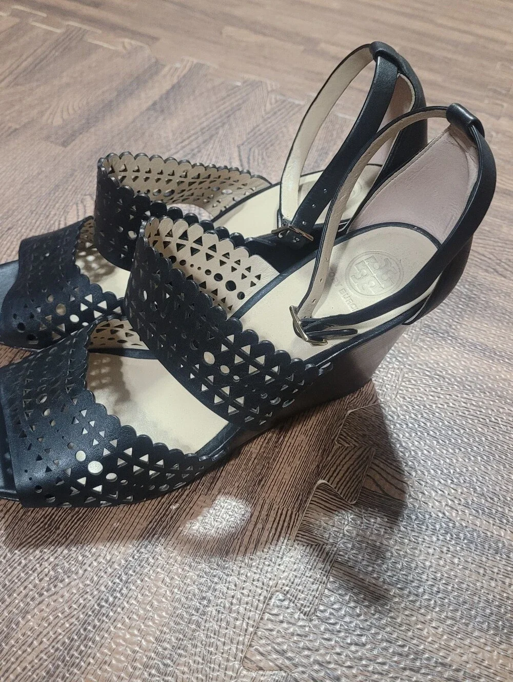 Tory Burch Nutria black perforated laser-cut leather gladiator wedge sandals  9M